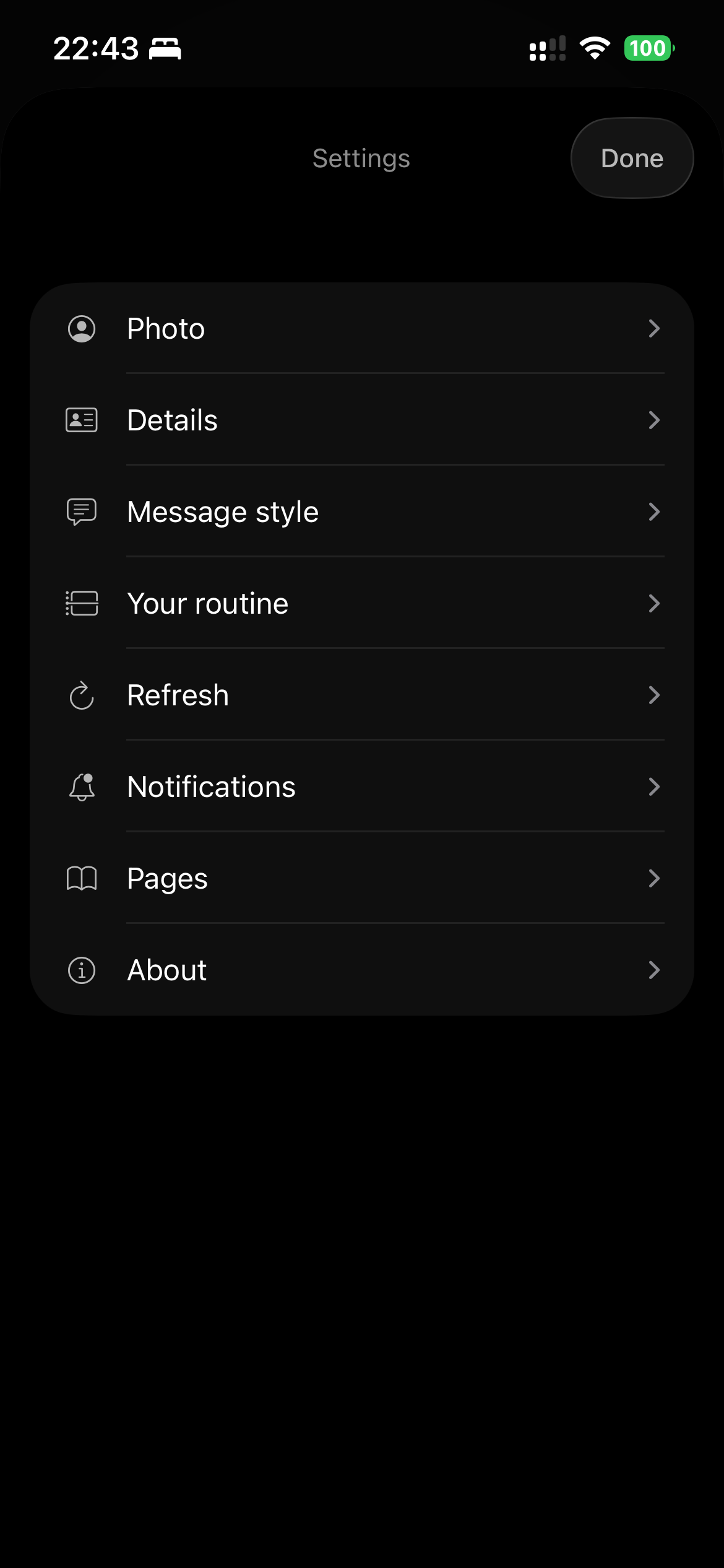 The Years settings screen: photo, details, message style, your routine, refresh, notifications, pages and about